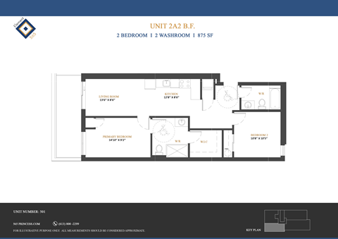 A floor plan for a 2 bedroom, 1 washroom apartment sized at 875 square feet.